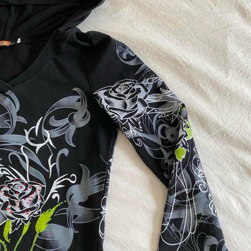 Y2k long sleeve hooded mini dress with rhinestones rose & tribal pattern - Picture 3 of 8